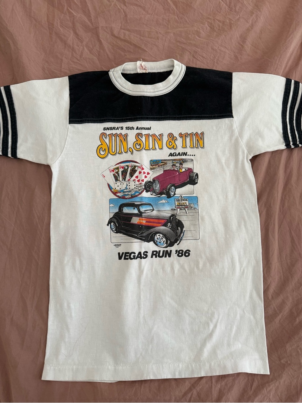Vintage Sun, Sin & Tin Vegas Run '86 Graphic Ringer Tee - White & Black